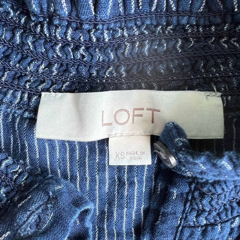 LOFT Dobby Ruffle Prairie Feminine Navy Long Sleeve Buttoned Cotton Blouse Top - Picture 5 of 10